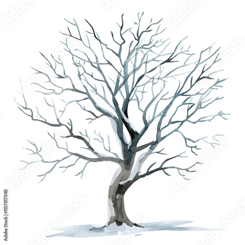 A watercolor vector of a tree with branches covered in frost, isolated on a white background. Frosty tree vector.
