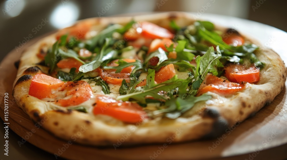 Fresh vegetarian pizza topped with tomatoes and arugula served on a rustic wooden plate in a cozy dining setting Fresh vegetarian pizza topped with tomatoes and arugula served on a rustic wooden plate in a cozy dining setting