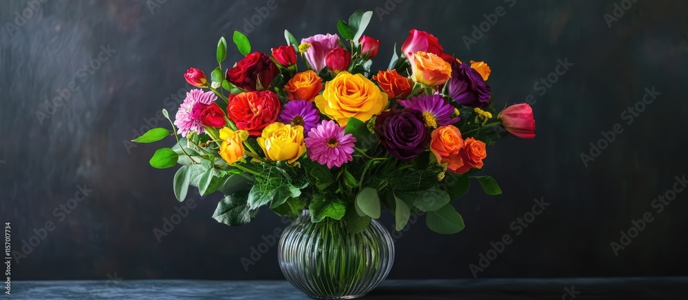 Fototapeta premium Colorful mixed flower bouquet in a stylish vase ideal for home decor and enhancing festive celebrations and special moments