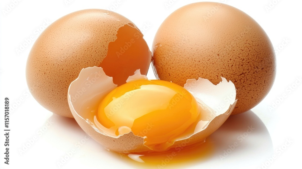 Two brown eggs with one cracked open revealing a vibrant yellow yolk set against a clean white background. Two brown eggs with one cracked open revealing a vibrant yellow yolk set against a clean white background.