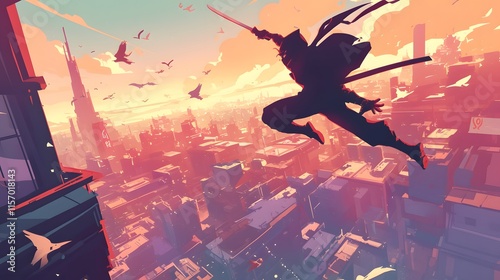 Anime ninja leaping through cityscape, sunset colors, agile and poised photo