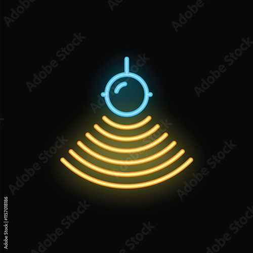 Neon icon representing a sensor emitting signals, depicted in vibrant yellow and blue neon colors against a dark background