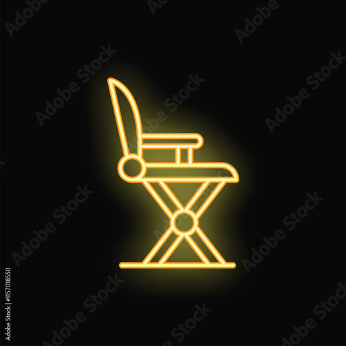Neon sign of a folding director chair glowing on a black background, concept for film industry, cinema and filmmaking