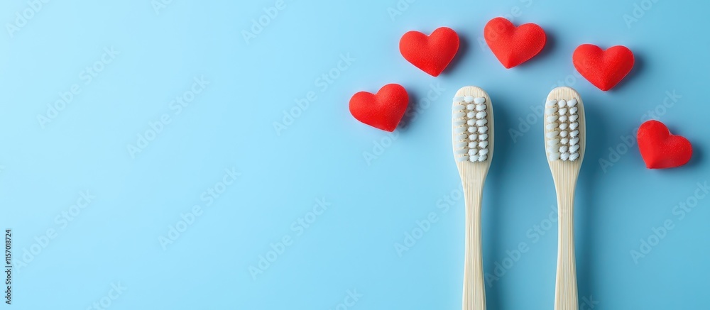 Toothbrushes decorated with red hearts on a blue background symbolizing love and affection in dental care and personal hygiene themes Toothbrushes decorated with red hearts on a blue background symbolizing love and affection in dental care and personal hygiene themes
