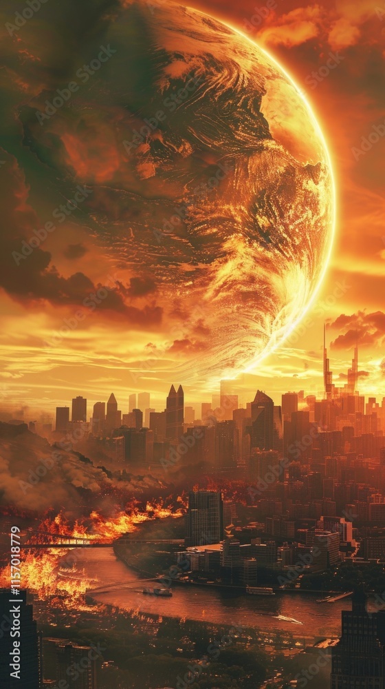 Apocalyptic image: fiery planet looming over city resembling NYC, ominous red sky, smoke-filled, devastated cityscape with fires and ruined buildings. Apocalyptic image: fiery planet looming over city resembling NYC, ominous red sky, smoke-filled, devastated cityscape with fires and ruined buildings.
