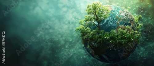 Illustration of an Earth-like planet with greenery, clouds, and a serene sea. Dynamic elements like leaves and birds convey a theme of environmental sustainability.
