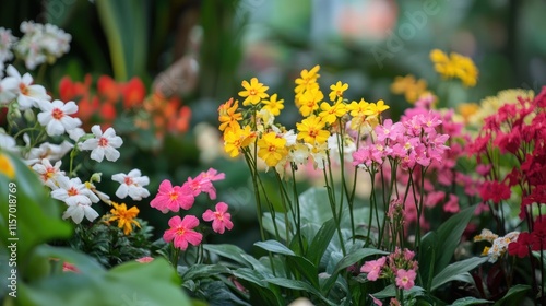 Colorful flower garden featuring a vibrant array of red yellow pink and white blooms in full bloom surrounded by lush greenery