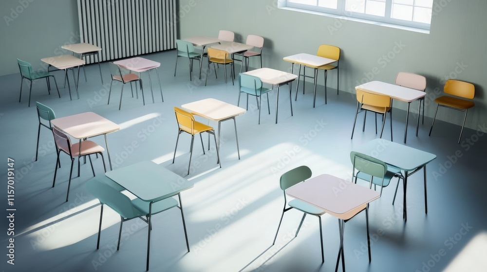 Colorful classroom with empty desks and chairs. Colorful classroom with empty desks and chairs.