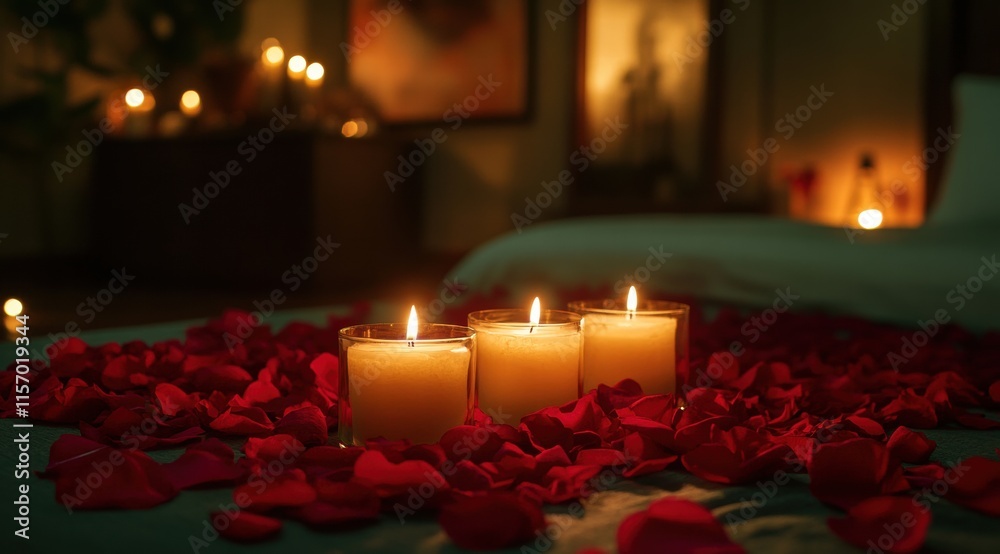 Candles and rose petals on the bed in a hotel room, a romantic evening concept. Valentine's Day celebration Candles and rose petals on the bed in a hotel room, a romantic evening concept. Valentine's Day celebration