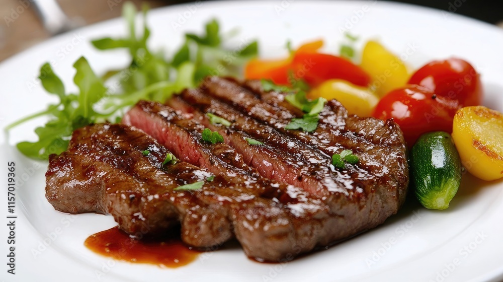 Juicy grilled beef steak served with fresh vegetables on a classic white plate garnished with herbs and sauce for a gourmet presentation Juicy grilled beef steak served with fresh vegetables on a classic white plate garnished with herbs and sauce for a gourmet presentation