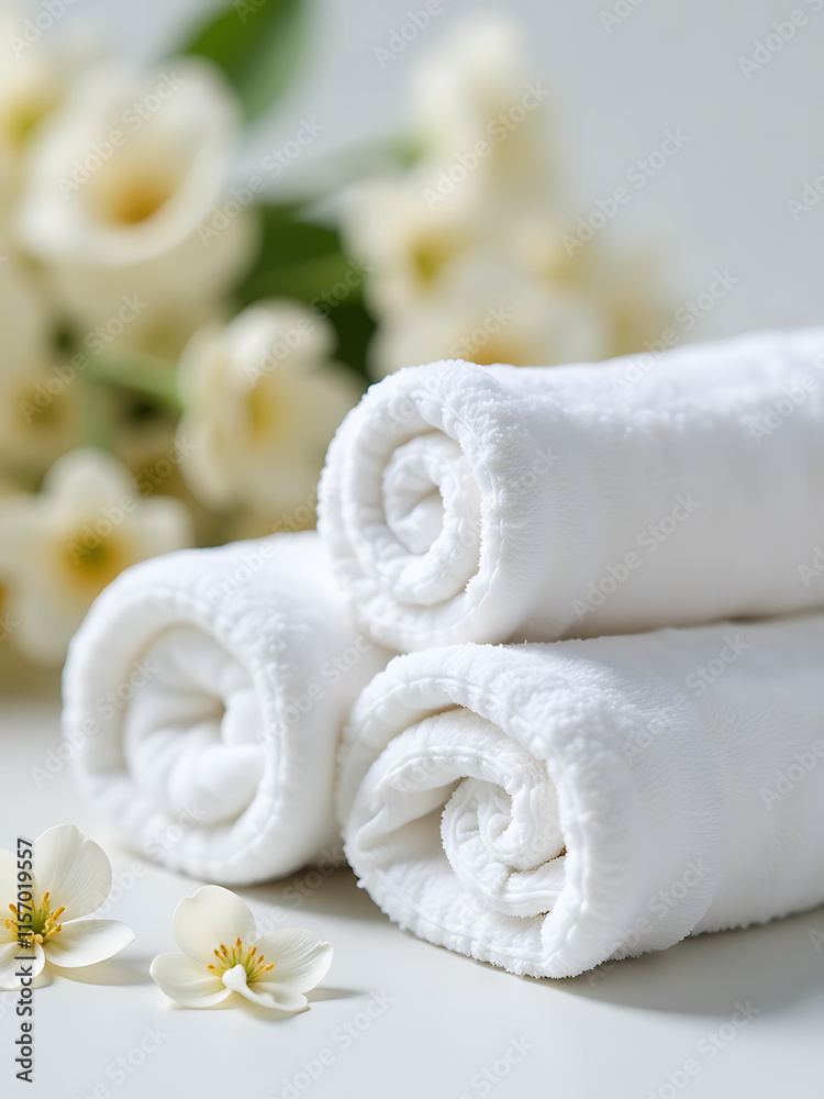 Soft White Towels And Delicate Flowers Subtly Fill A Blurred Background With Gentle Elegance And Serene Beauty. 00003 Soft White Towels And Delicate Flowers Subtly Fill A Blurred Background With Gentle Elegance And Serene Beauty. 00003