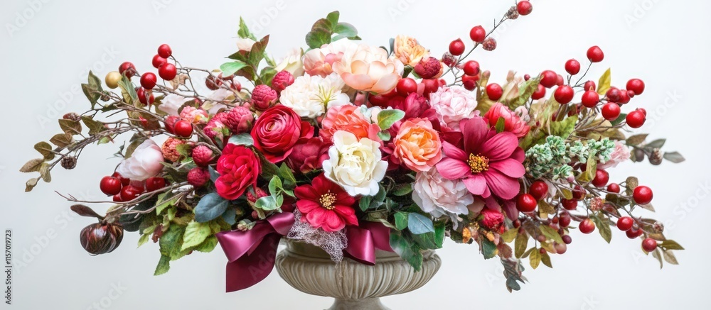 Fototapeta premium Elegant arrangement of vibrant artificial flowers with lush branches and decorative elements in a stylish vase ideal for home or event decor