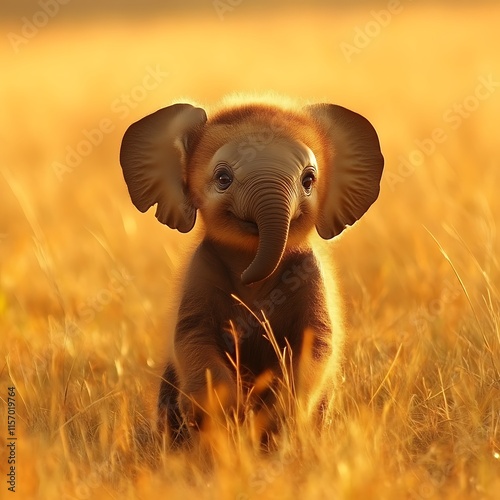 Adorable Baby Elephant Golden Hour Field Grass Sunset photo