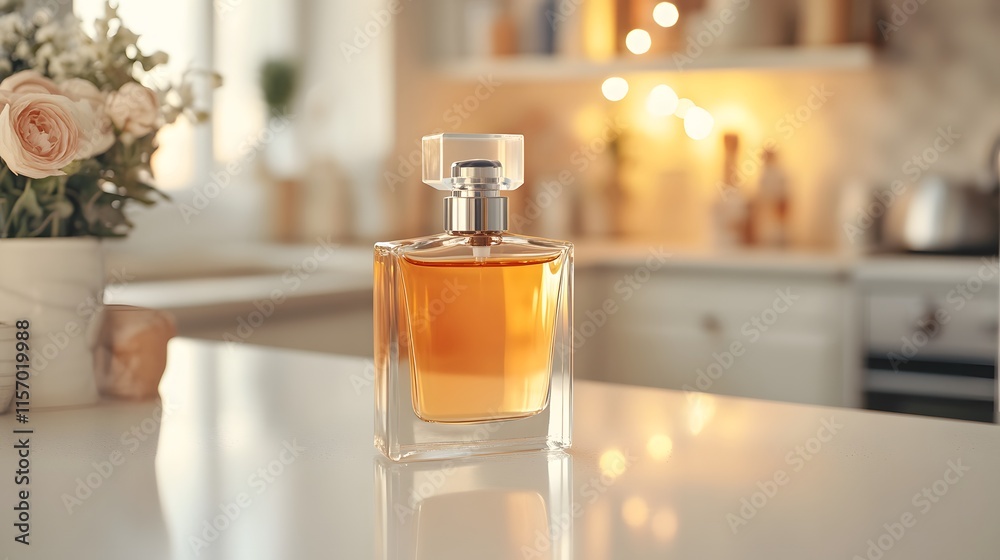 Elegant perfume bottle displayed on kitchen counter home interior still life cozy atmosphere close-up view Elegant perfume bottle displayed on kitchen counter home interior still life cozy atmosphere close-up view