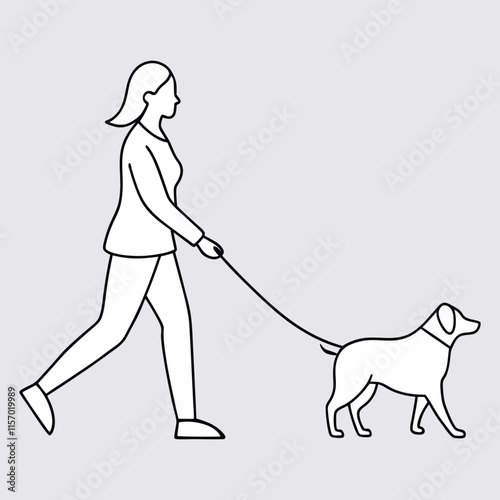 Woman walking her pet line drawing vector.