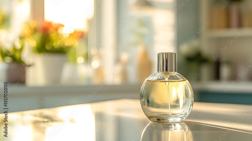Elegant perfume bottle on kitchen counter interior decor lifestyle warm lighting close-up shot Elegant perfume bottle on kitchen counter interior decor lifestyle warm lighting close-up shot