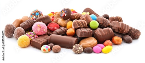 Assorted chocolate candies and colorful sweets arranged on a white background showcasing delicious treats and desserts for festive occasions.
