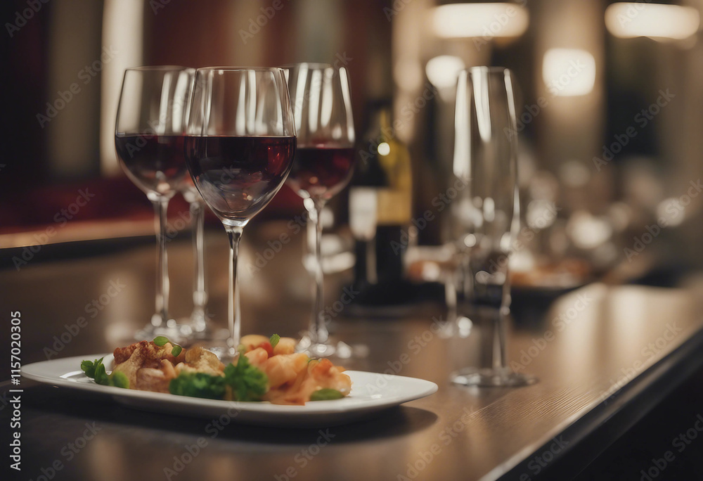 Elegant and select restaurant table Wine Glass and appetizers on the bar table Soft light and roman