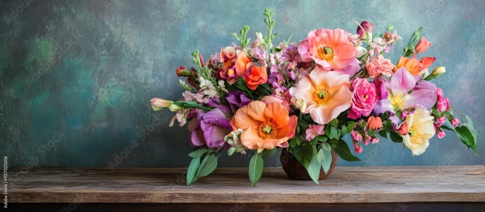 Fototapeta premium Elegant large flower bouquet in vibrant colors on a rustic wooden table enhancing home decor with a charming artistic background