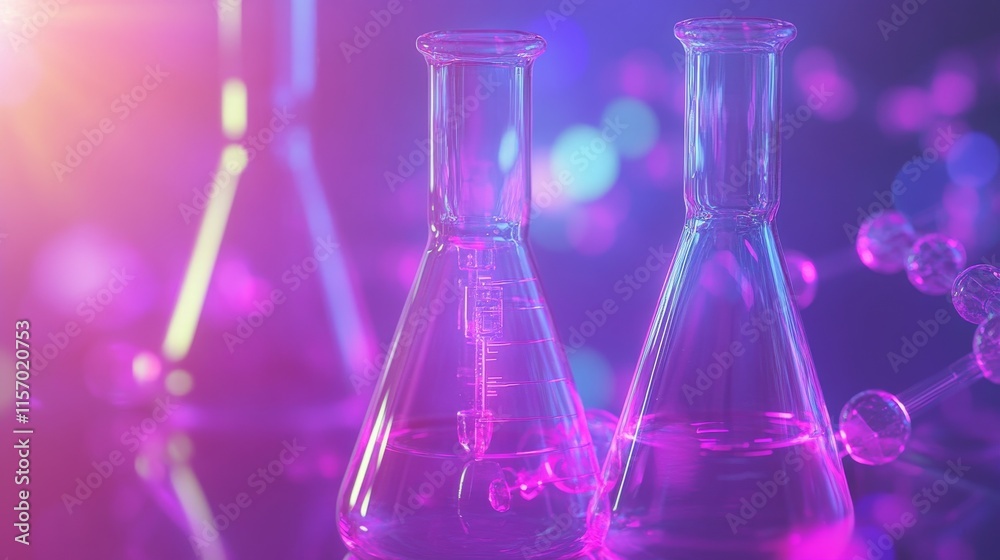 Colorful lab glassware reflecting light effects. Colorful lab glassware reflecting light effects.