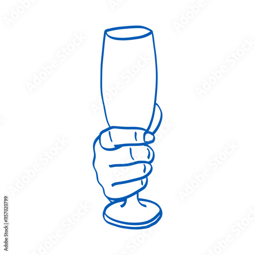 Hand holding a champagne glass. Blue doodle vector illustration. Index, middle, ring, little fingers and thumb