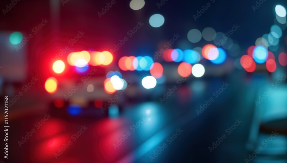 Emergency services respond to night scene. Police, emergency vehicles flash lights. Blurred cityscape background suggests urgent action. City street shows chaotic situation. Accident crime incident Emergency services respond to night scene. Police, emergency vehicles flash lights. Blurred cityscape background suggests urgent action. City street shows chaotic situation. Accident crime incident