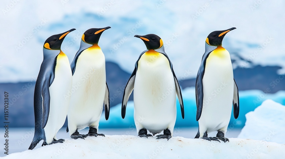 Obraz premium Four emperor penguins standing together on icy terrain against a snowy backdrop.