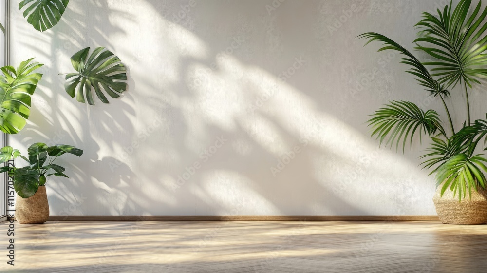 Sunlit wood table with leaf shadows on a wall and indoor plants creating a warm, inviting atmosphere for product display and mockup purposes. Sunlit wood table with leaf shadows on a wall and indoor plants creating a warm, inviting atmosphere for product display and mockup purposes.