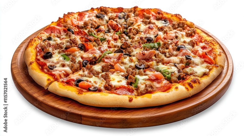 Vegetarian pizza topped with fresh vegetables and cheese beautifully presented on a wooden serving plate Vegetarian pizza topped with fresh vegetables and cheese beautifully presented on a wooden serving plate