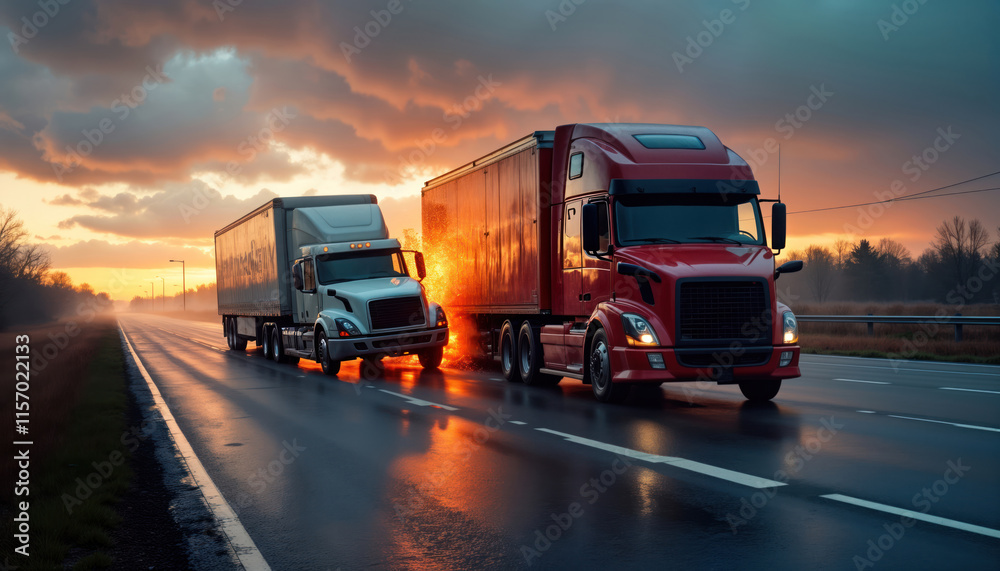 Two large trucks on highway during sunset. One truck white, another red. Moving on wet road. Fire between trucks. Road wet, reflective. Fiery accident scene on highway at dusk. Safety issues with Two large trucks on highway during sunset. One truck white, another red. Moving on wet road. Fire between trucks. Road wet, reflective. Fiery accident scene on highway at dusk. Safety issues with