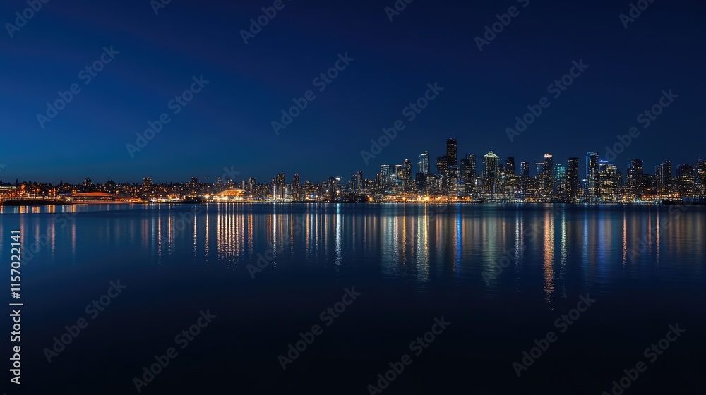 Vibrant city skyline reflection at night with illuminated buildings and serene water surface in urban landscape scene Vibrant city skyline reflection at night with illuminated buildings and serene water surface in urban landscape scene