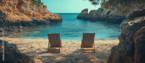 Secluded beach view with two lounge chairs under a clear sky Relaxation and tranquility concept in nature's paradise photo