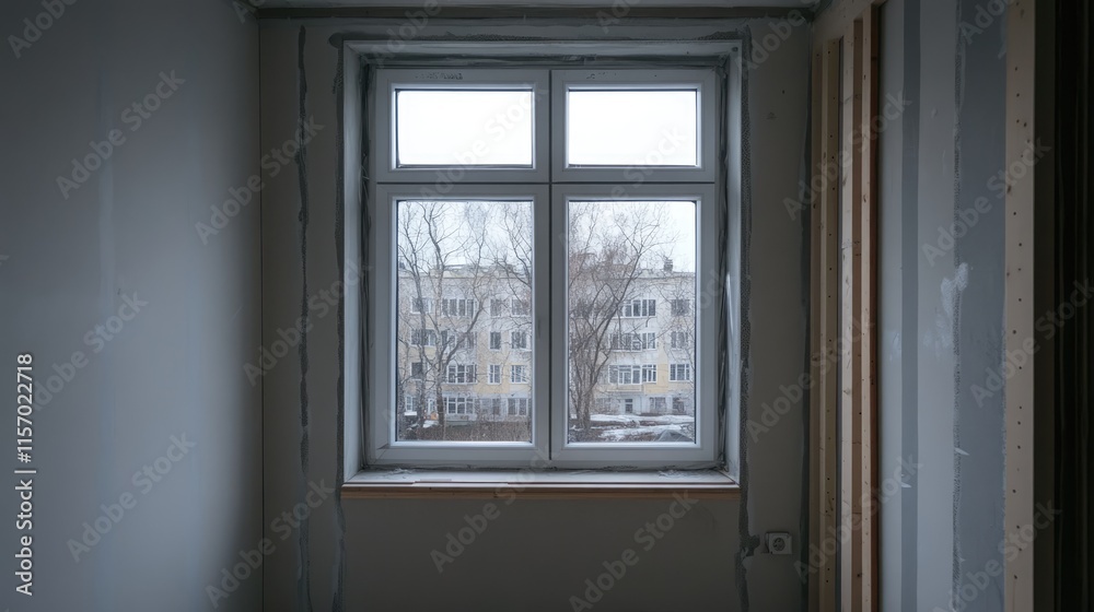 Fototapeta premium Renovated small room showcasing a new window with a view of an urban landscape outside during a cloudy day