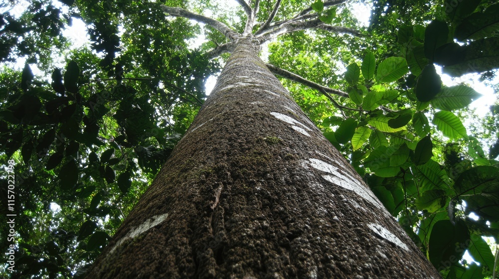 Perspective view of a tall tree trunk stretching upwards towards a lush green canopy in a dense forest setting Perspective view of a tall tree trunk stretching upwards towards a lush green canopy in a dense forest setting