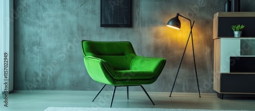 Modern vibrant green chair in stylish interior setting featuring elegant design and complementary floor lamp for contemporary decor.