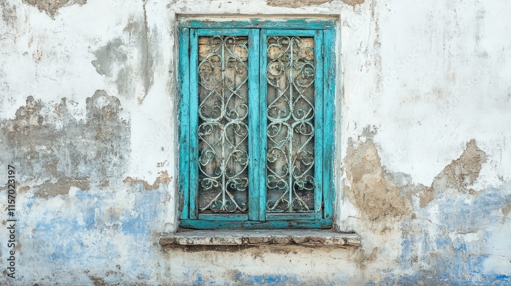 Fototapeta premium Antique blue window with wrought iron details on a weathered white wall in a rustic setting