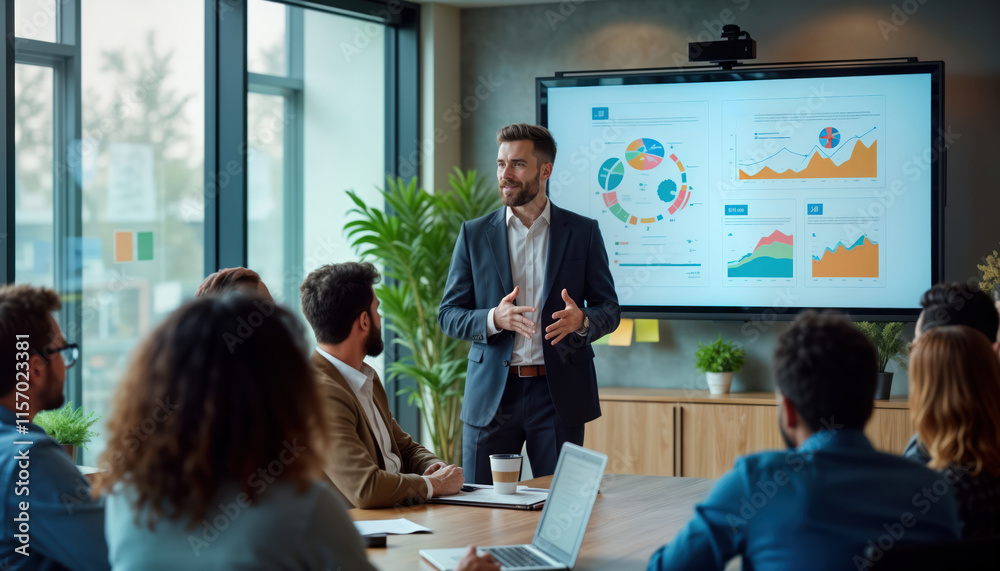 © Pete - Diverse businesspeople gather in modern office conference room. Man in suit presents data on large screen, displaying charts, graphs. Team listens intently to presentation. Likely developing new © Pete - Diverse businesspeople gather in modern office conference room. Man in suit presents data on large screen, displaying charts, graphs. Team listens intently to presentation. Likely developing new