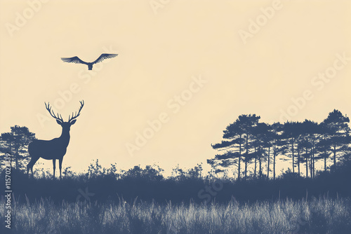 Serene silhouette of a stag and a bird in flight against a minimalist forest backdrop. Perfect for nature, wildlife, or tranquility themes. photo