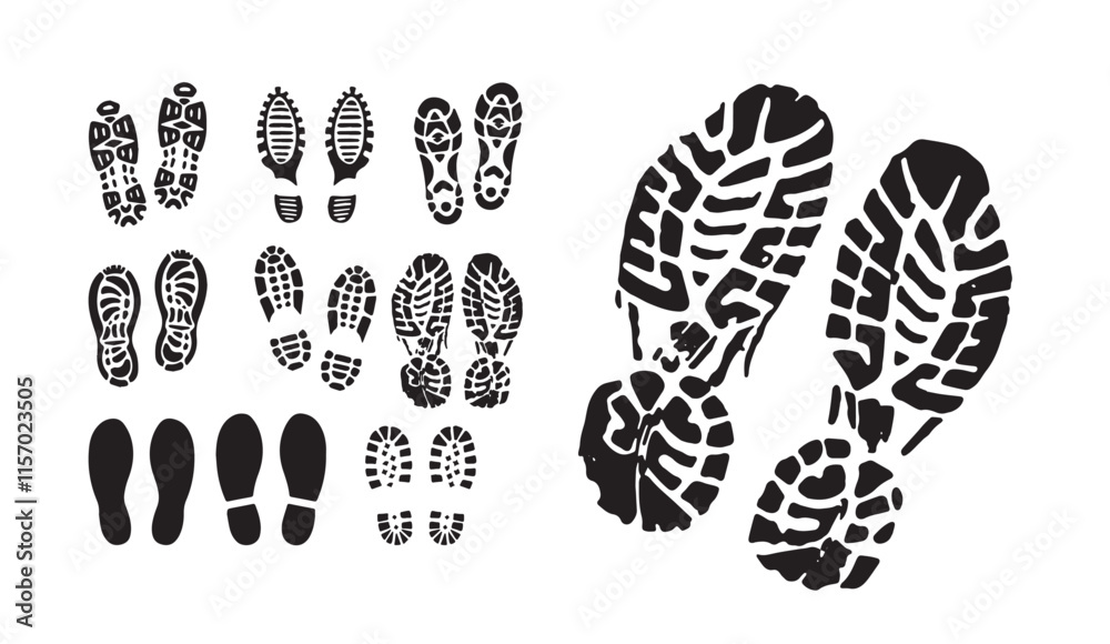Collection of black silhouette shoeprints and footprints in various designs and patterns on a white background. Perfect for symbols, outdoors, and creative projects Collection of black silhouette shoeprints and footprints in various designs and patterns on a white background. Perfect for symbols, outdoors, and creative projects
