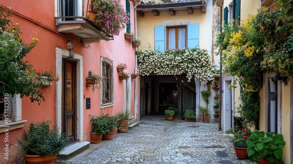 Obraz premium Charming cobblestone alley with colorful buildings and vibrant flowers in Sirmione Italy