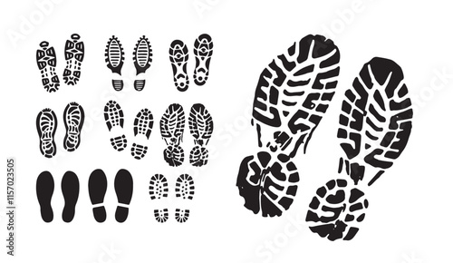 Collection of black silhouette shoeprints and footprints in various designs and patterns on a white background. Perfect for symbols, outdoors, and creative projects
