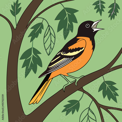 A vibrant Baltimore Oriole singing joyfully in its natural habitat, capturing the beauty of nature and birdlife in a lively, colorful moment.