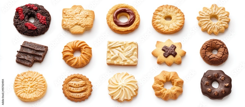 Festive assortment of traditional Christmas cookies arranged on a bright white background ideal for holiday themed designs and promotions Festive assortment of traditional Christmas cookies arranged on a bright white background ideal for holiday themed designs and promotions
