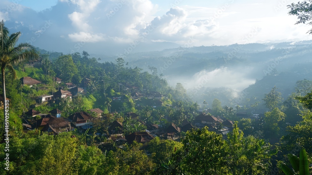 Fototapeta premium Serene hillside landscape showcasing lush greenery and mist-covered villages under a bright sky in a tranquil rural setting