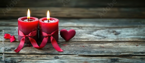 Romantic red candles with ribbon representing love on rustic wooden background for Valentine's Day or wedding decor imagery photo