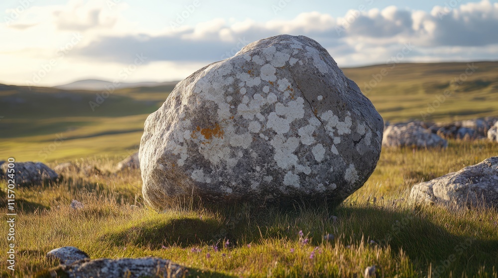 Natural landscape featuring a large stone in a grassy field under a cloudy sky showcasing textures and colors of nature. Natural landscape featuring a large stone in a grassy field under a cloudy sky showcasing textures and colors of nature.