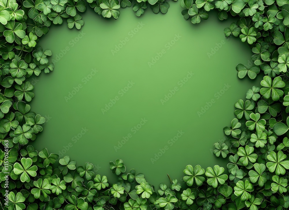 Lush Green Background With Vibrant Clovers Creating A Natural Frame Perfect For St. Patrick's Day Celebrations, Invitations, or Eco-Friendly Designs Lush Green Background With Vibrant Clovers Creating A Natural Frame Perfect For St. Patrick's Day Celebrations, Invitations, or Eco-Friendly Designs