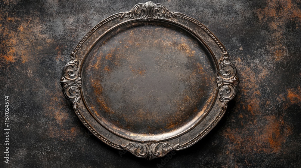 Fototapeta premium Antique cast metal plate with ornate design against rustic textured background