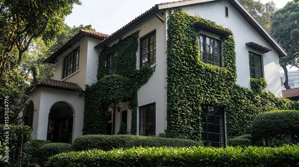 An elegant house with classic architecture surrounded by vibrant green ivy An elegant house with classic architecture surrounded by vibrant green ivy