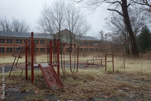 A desolate playground sits empty, with rust-covered equipment amidst overgrown grass, surrounded by leafless trees and an overcast sky, capturing loneliness. photo